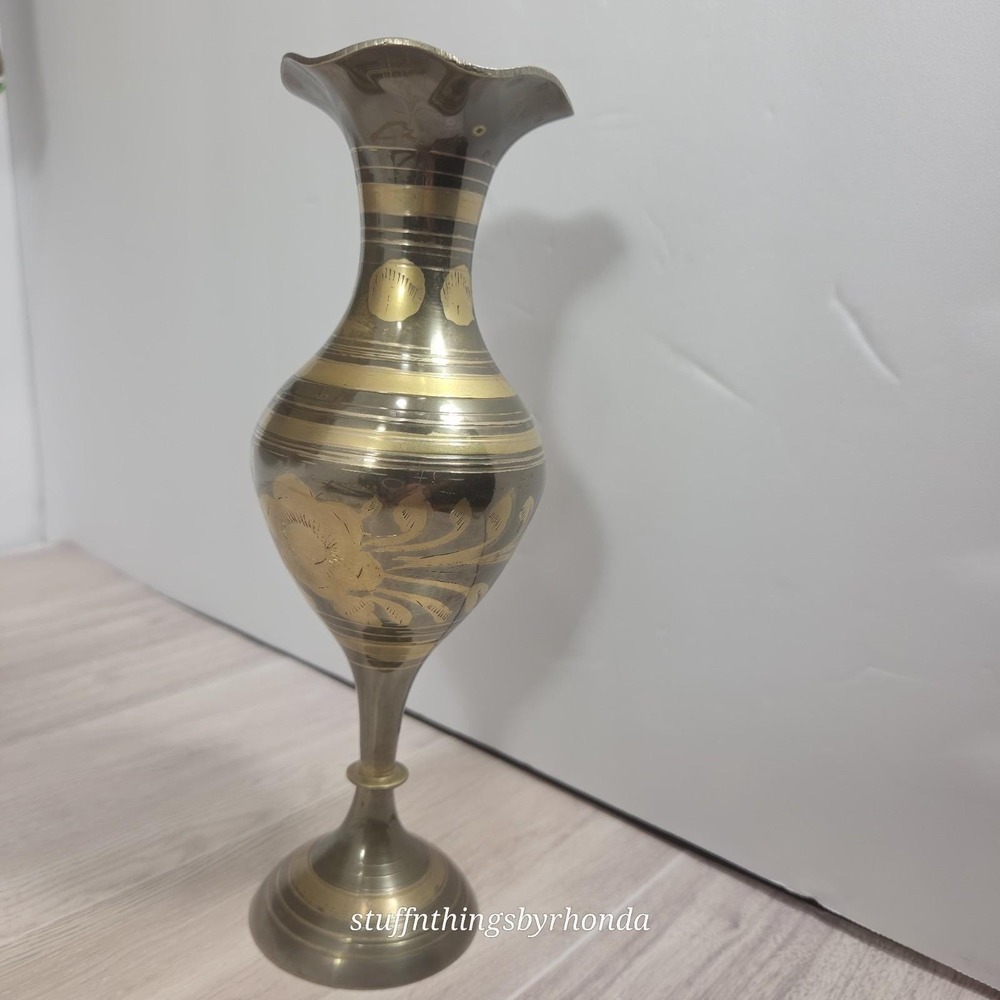 Vintage Etched Solid Brass Vase Made in India Ruffled Rim Floral Design 8 Inch